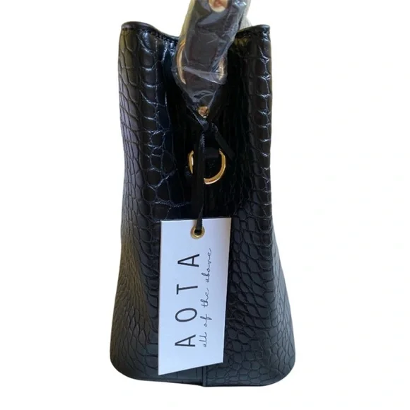 New Aota Elena Vegan Leather Croc Embossed Crossbody Bucket Bag Black - Picture 7 of 12